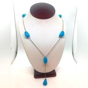 Vtg 925 Sterling Silver & Blue Turquoise Stone Station Necklace 22” + 3.5” Drop